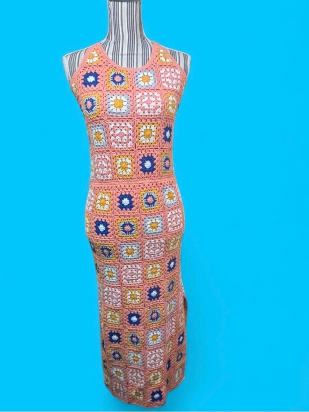 Festival boho beach vibes crochet halter maxi dress with slit